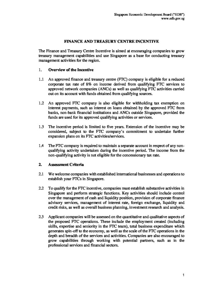 Finance and Treasury Centre Incentive: Singapore Economic Development Board (“EDB”) WWW – Edb.gov – SG