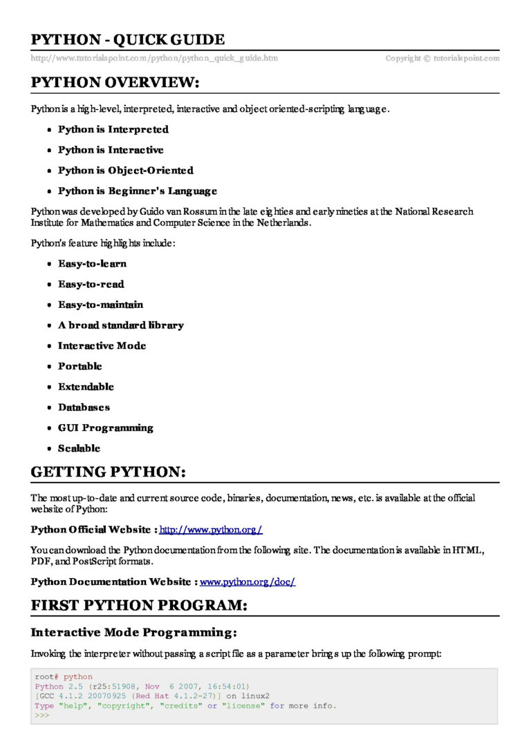 Python – Quick Guide Python Overview:: Interactive Mode Prog Ramming