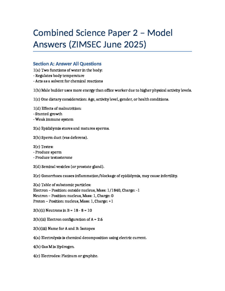 Combined Science Paper2 Answers June2025