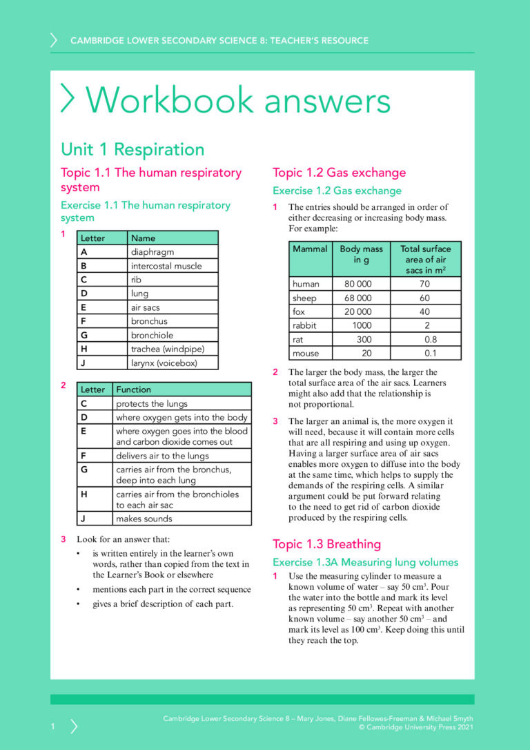 Workbook Answers: Unit 1 Respiration