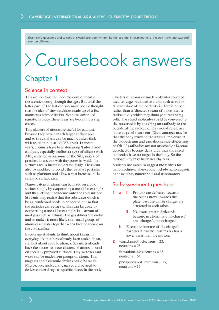 Course Book Answers For Cambridge International As A Level Chemistry Coursebook