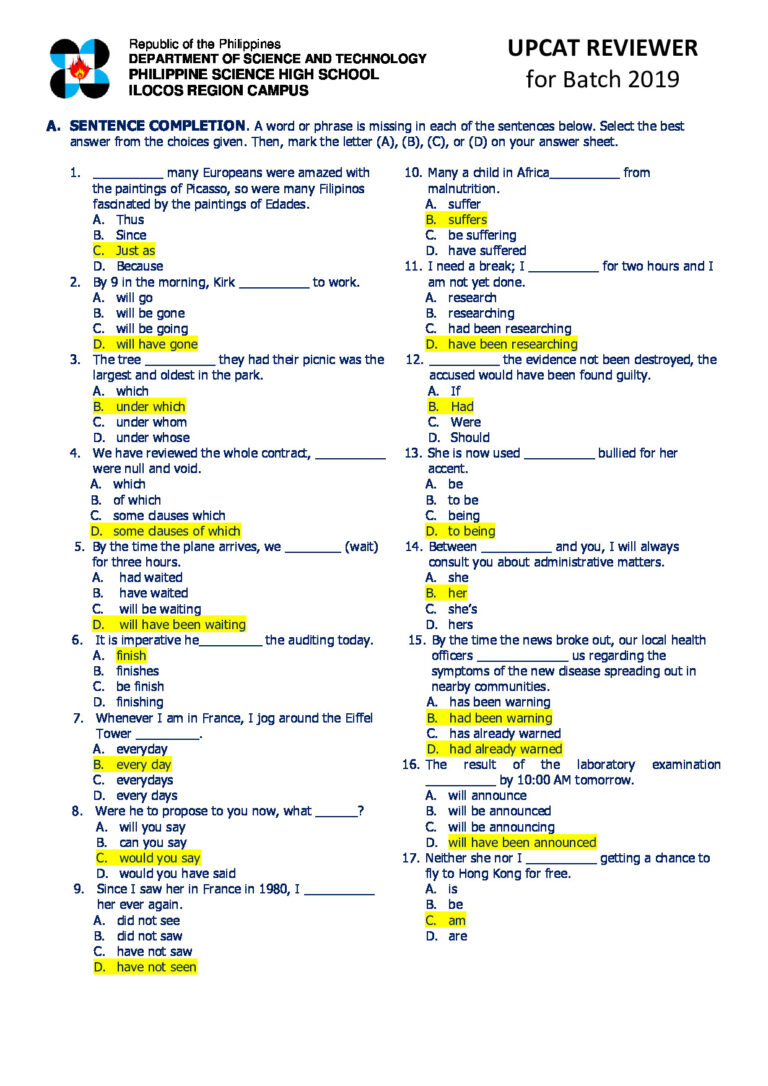 Upcat Reviewers With Answer Key