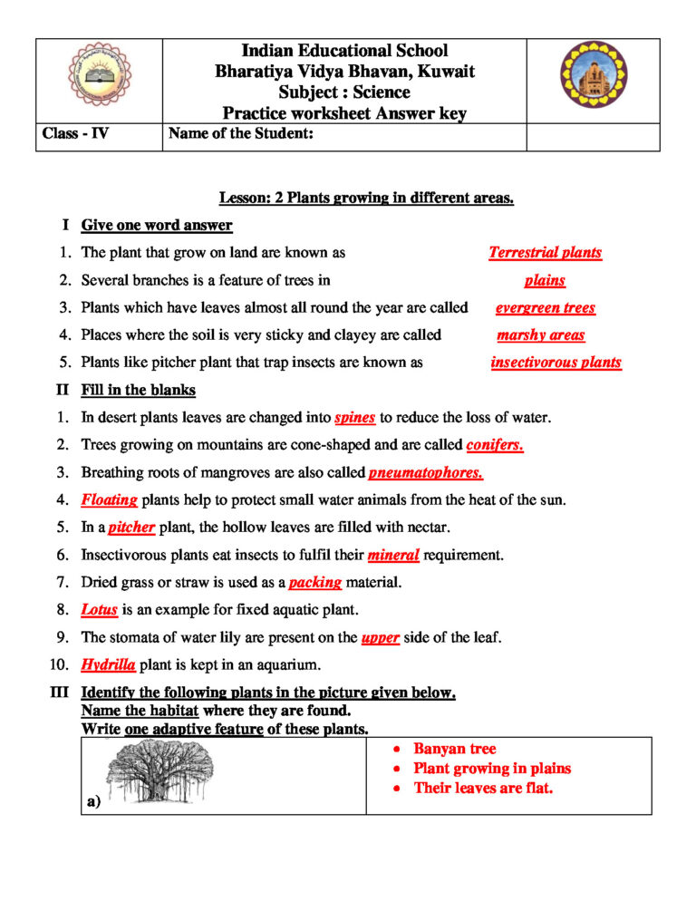 Indian Educational School Bharatiya Vidya Bhavan, Kuwait Subject: Science Practice Worksheet Answer Key