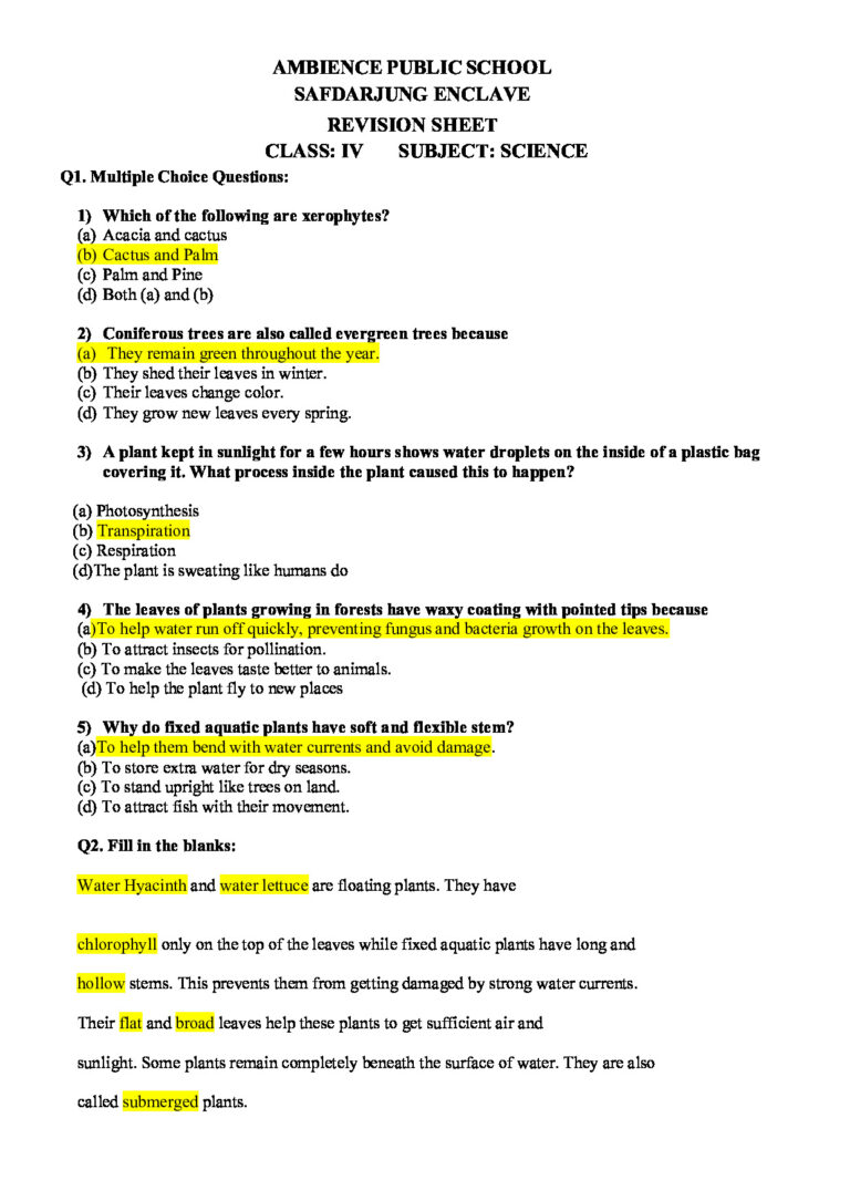 Ambience Public School Safdarjung Enclave Revision Sheet Class: Iv Subject: Science