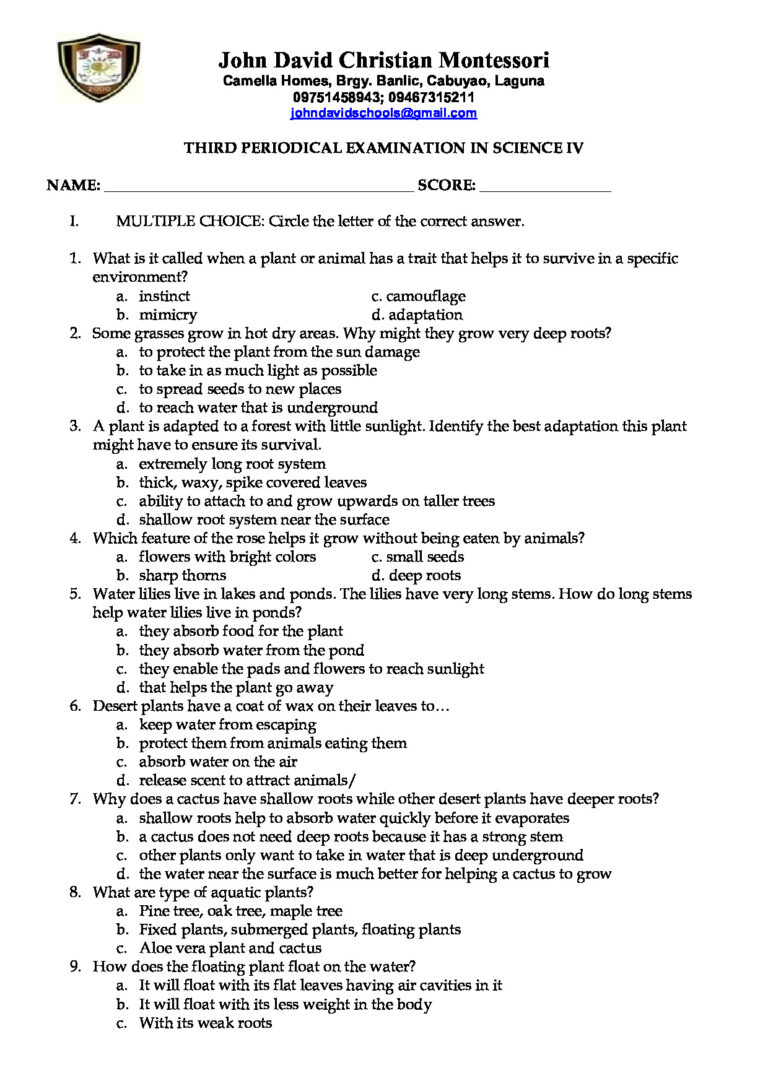 Third Periodical Examination in Science 4