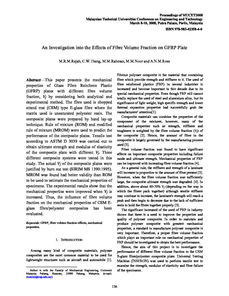 An Investigation Into The Effects of Fibre Volume Fraction On GFRP Plate 1