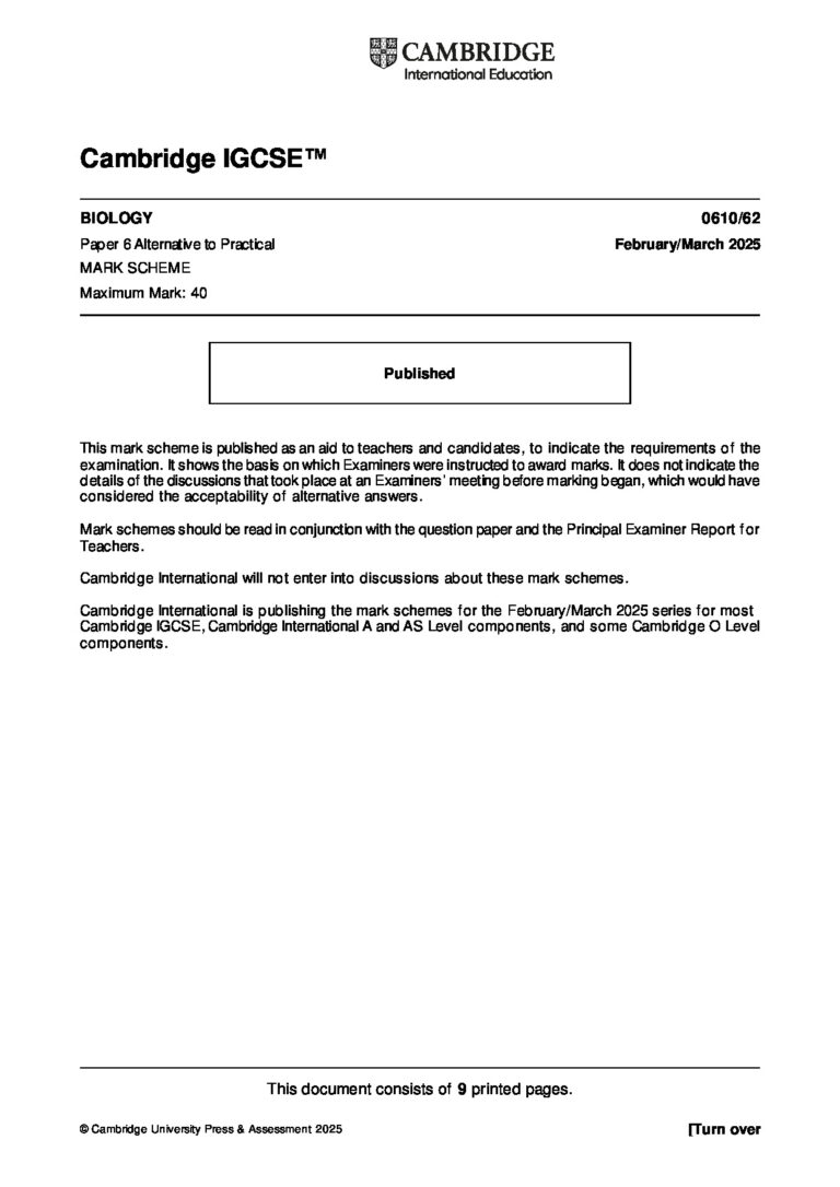 IGCSE BIOLOGY 0610/62 Paper 6 Alternative to Practical February/March 2025 MARK SCHEME