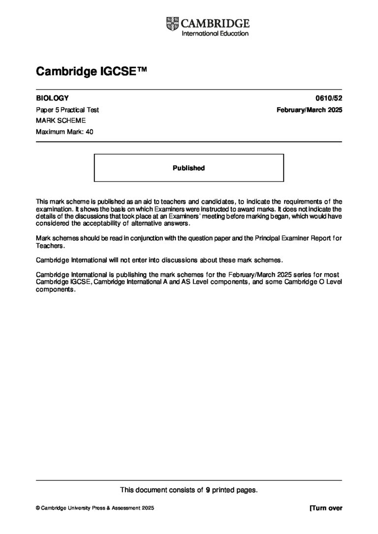 IGCSE BIOLOGY 0610/52 Paper 5 Practical Test February/March 2025 MARK SCHEME