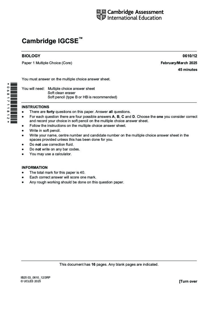 IGCSE Biology 0610/12 MCQ Paper PDF – Mar 2025