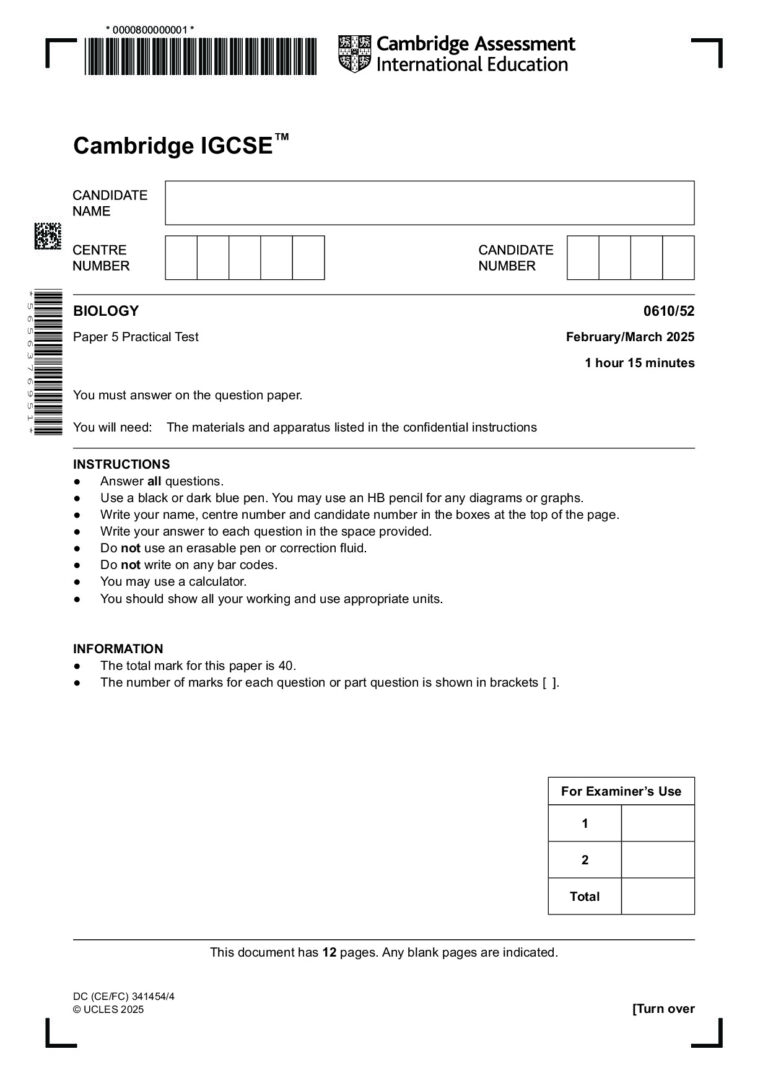 IGCSE Biology 0610/52 Practical Paper PDF – Mar 2025