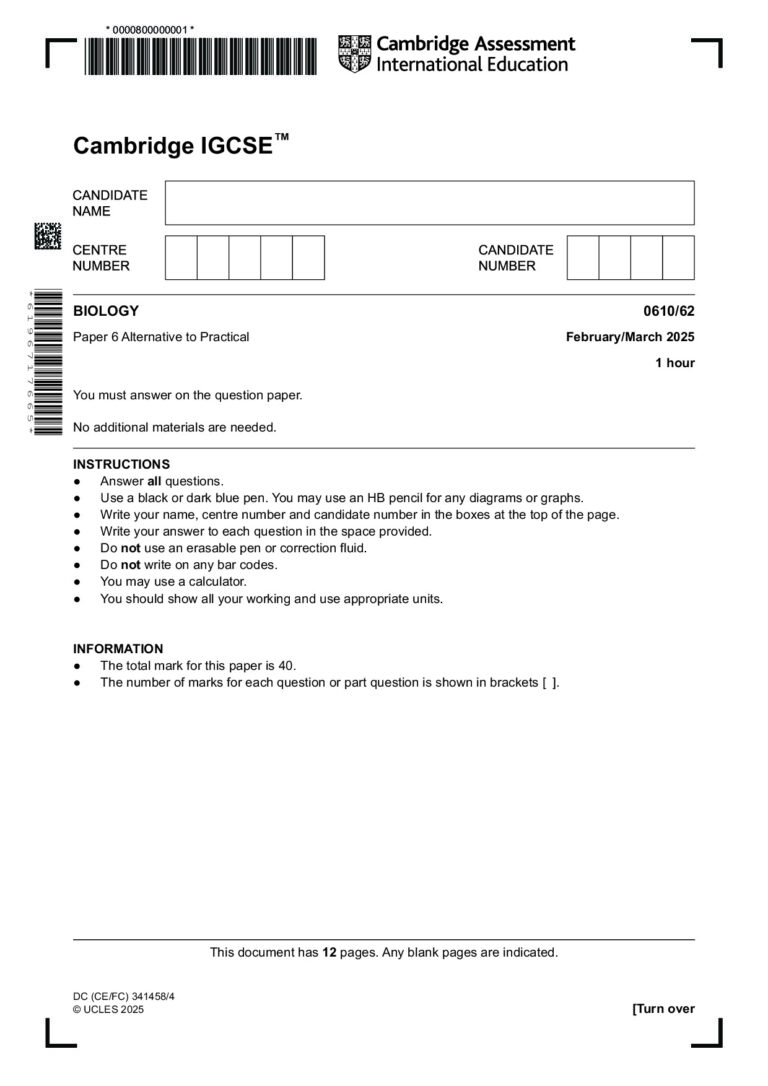 IGCSE Biology 0610/62 Alternative to Practical PDF – Mar 2025