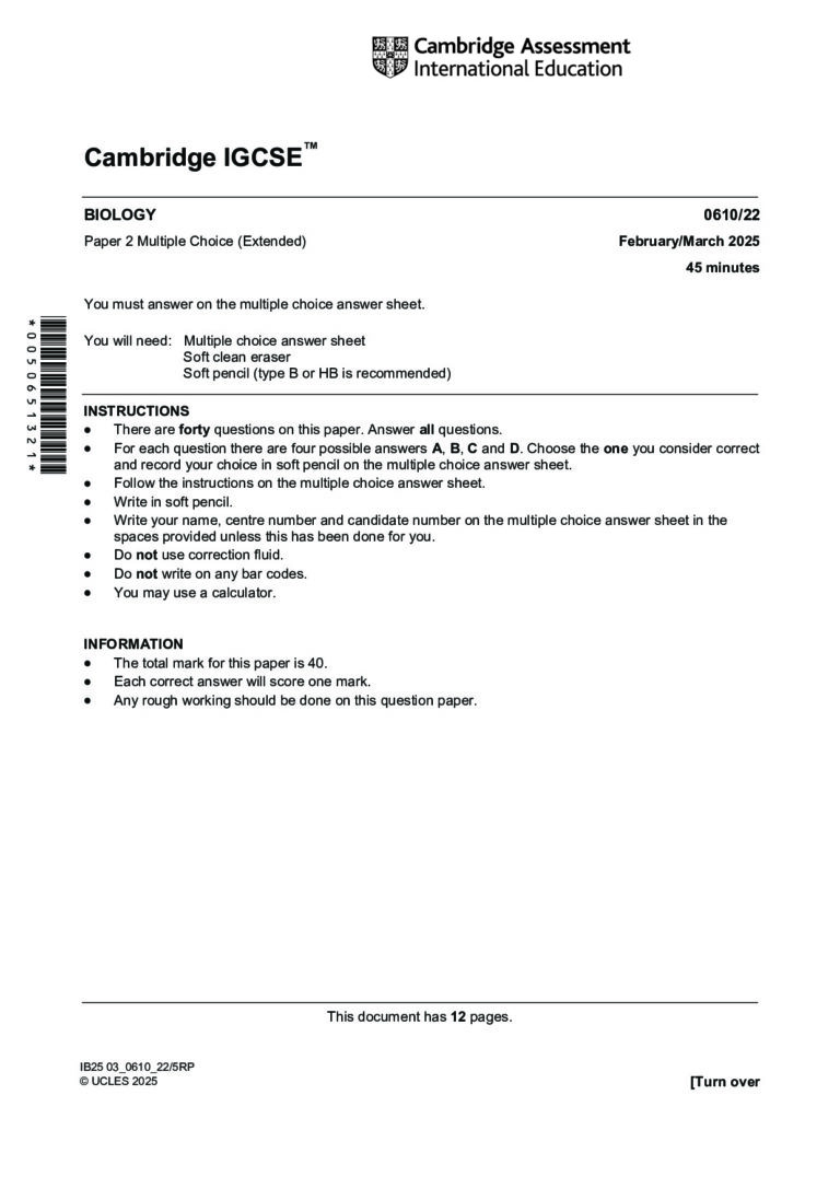 IGCSE Biology 0610/22 MCQ Extended Paper PDF – Mar 2025