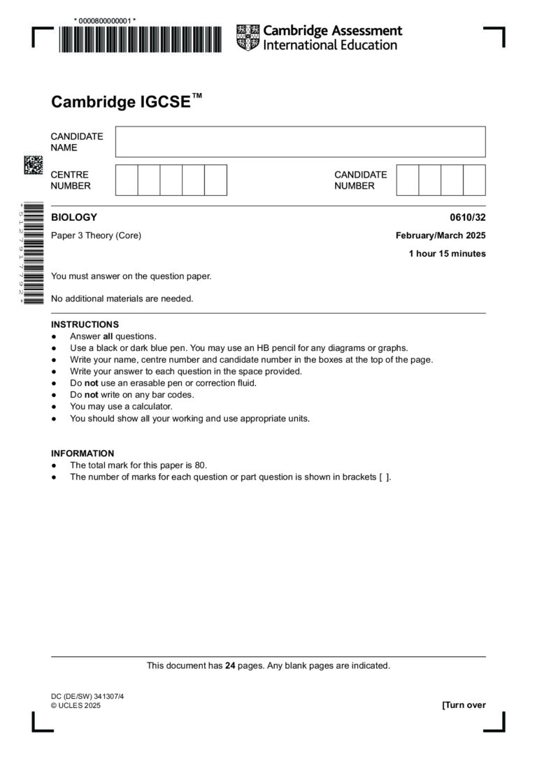 IGCSE Biology 0610/32 Theory (Core) Paper PDF – Mar 2025