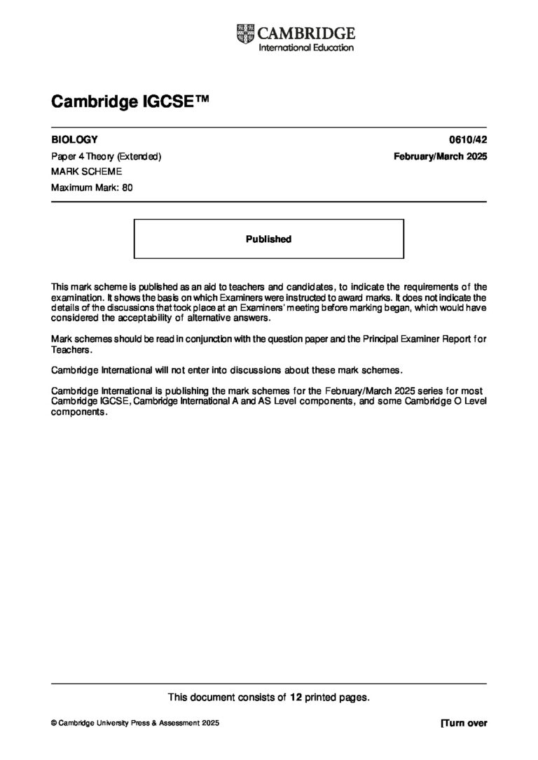 IGCSE Biology 0610/42 Mark Scheme PDF – Mar 2025