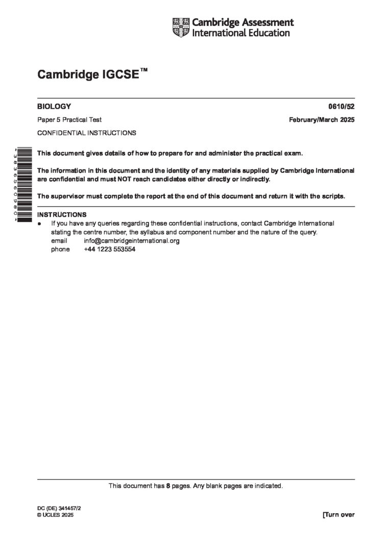 IGCSE Biology 0610/52 Confidential Instructions PDF – Mar 2025
