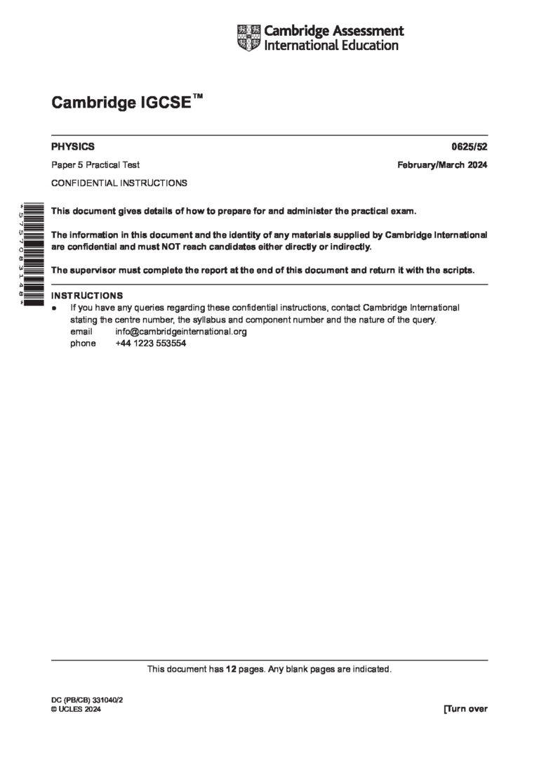 PHYSICS 0625/52 Paper 5 Practical Test February/March 2024