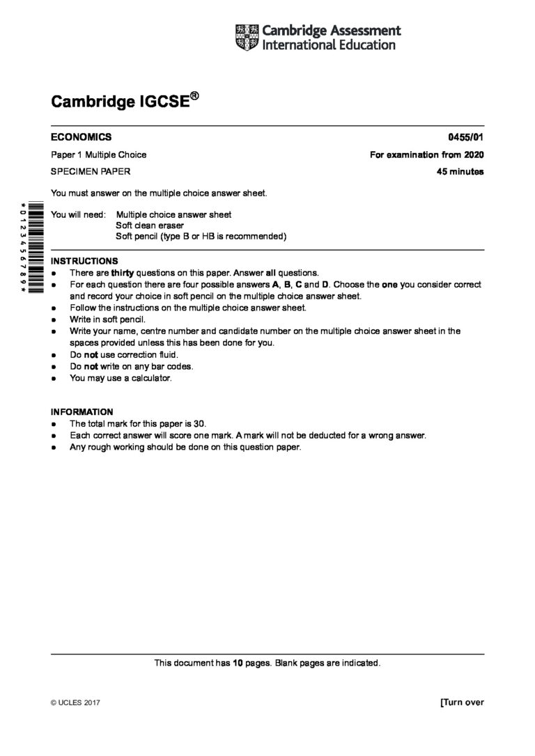 Cambridge IGCSE ® ECONOMICS 0455/01 Paper 1 Multiple Choice For examination from 2020 SPECIMEN PAPER