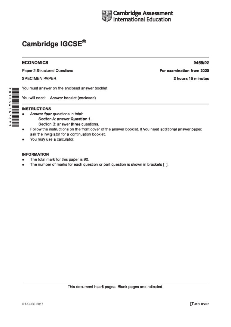 Cambridge IGCSE ® ECONOMICS 0455/02 Paper 2 Structured Questions For examination from 2020 SPECIMEN PAPER
