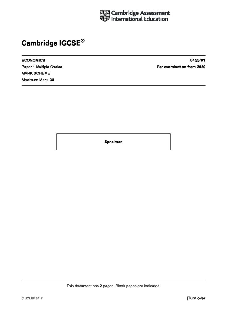Cambridge IGCSE ECONOMICS 0455/01 Paper 1 Multiple Choice For examination from 2020 MARK SCHEME