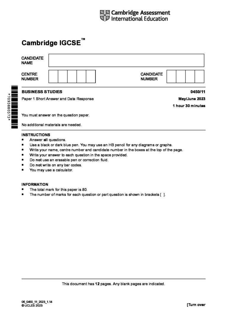Cambridge IGCSE 0450/11 May/June 2023 BUSINESS STUDIES Paper