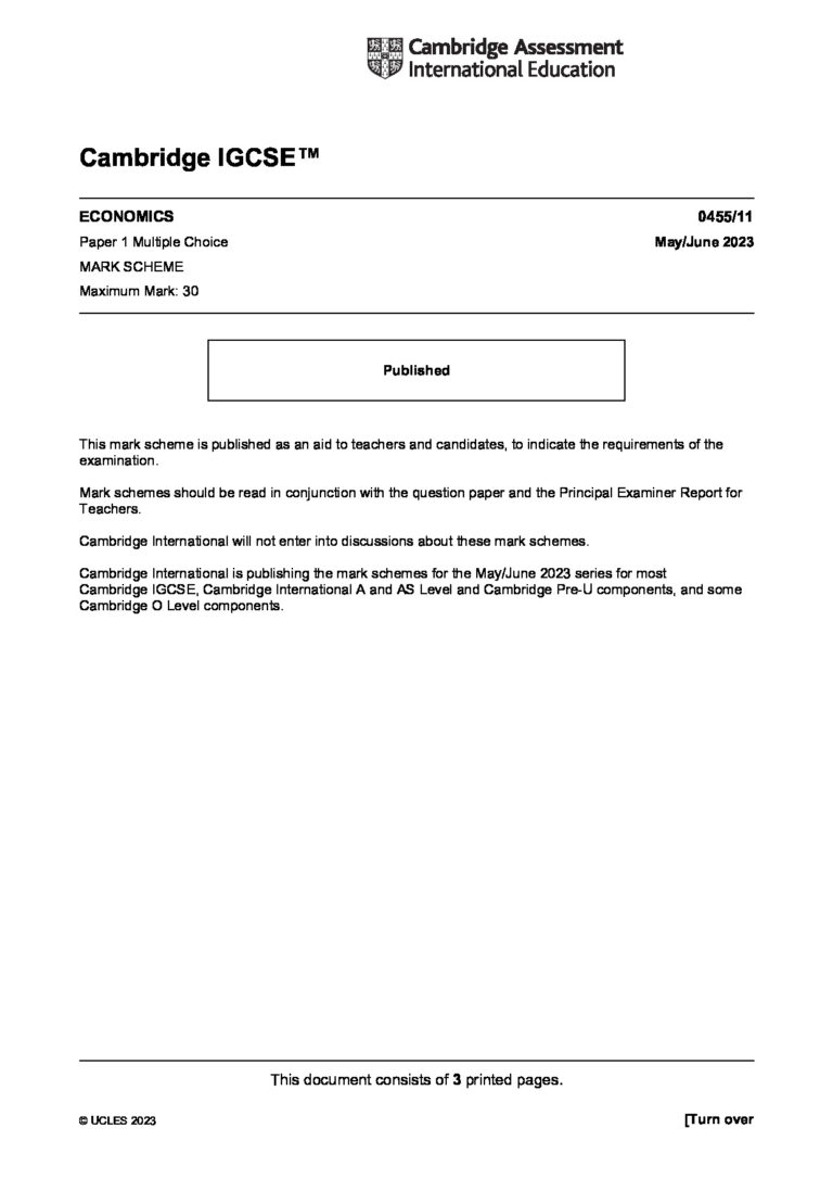 Cambridge IGCSE™ ECONOMICS 0455/11 Paper 1 Multiple Choice May/June 2023 MARK SCHEME