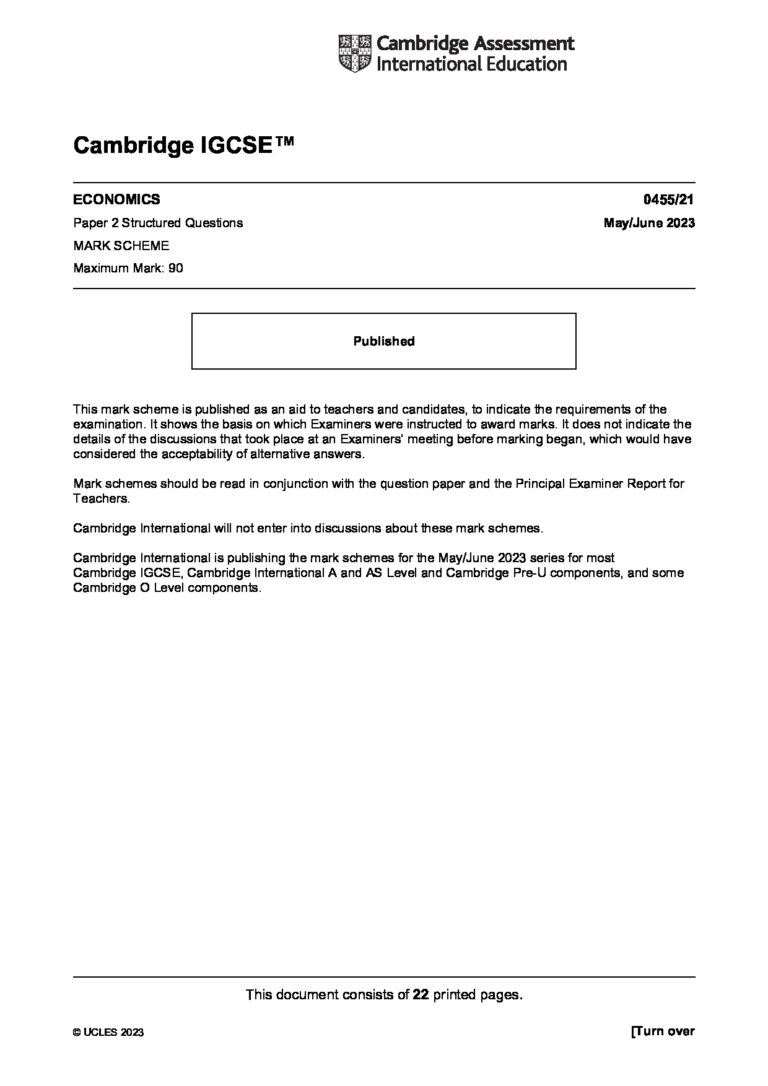 Cambridge IGCSE™ ECONOMICS 0455/21 Paper 2 Structured Questions May/June 2023 MARK SCHEME