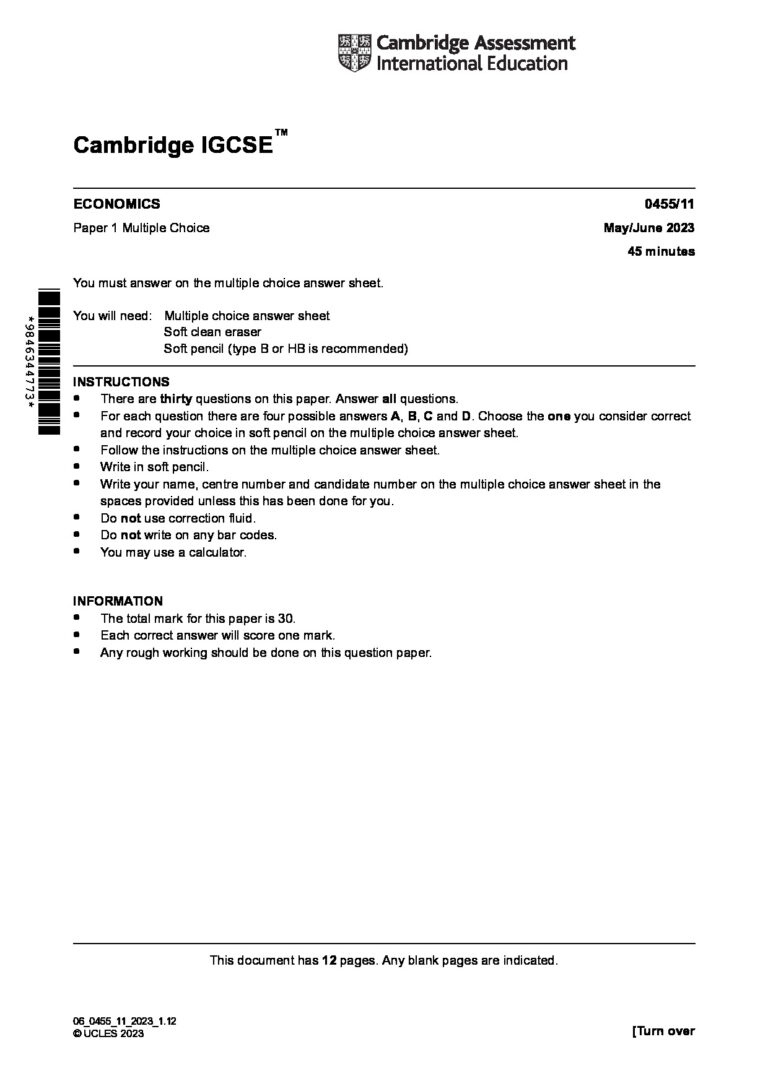 Cambridge IGCSE ™ 0455/11 May/June 2023 45 minutes ECONOMICS Paper 1 Multiple Choice