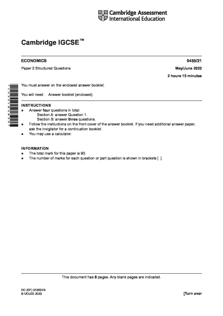 ECONOMICS 0455/21 Paper 2 Structured Questions May/June 2023