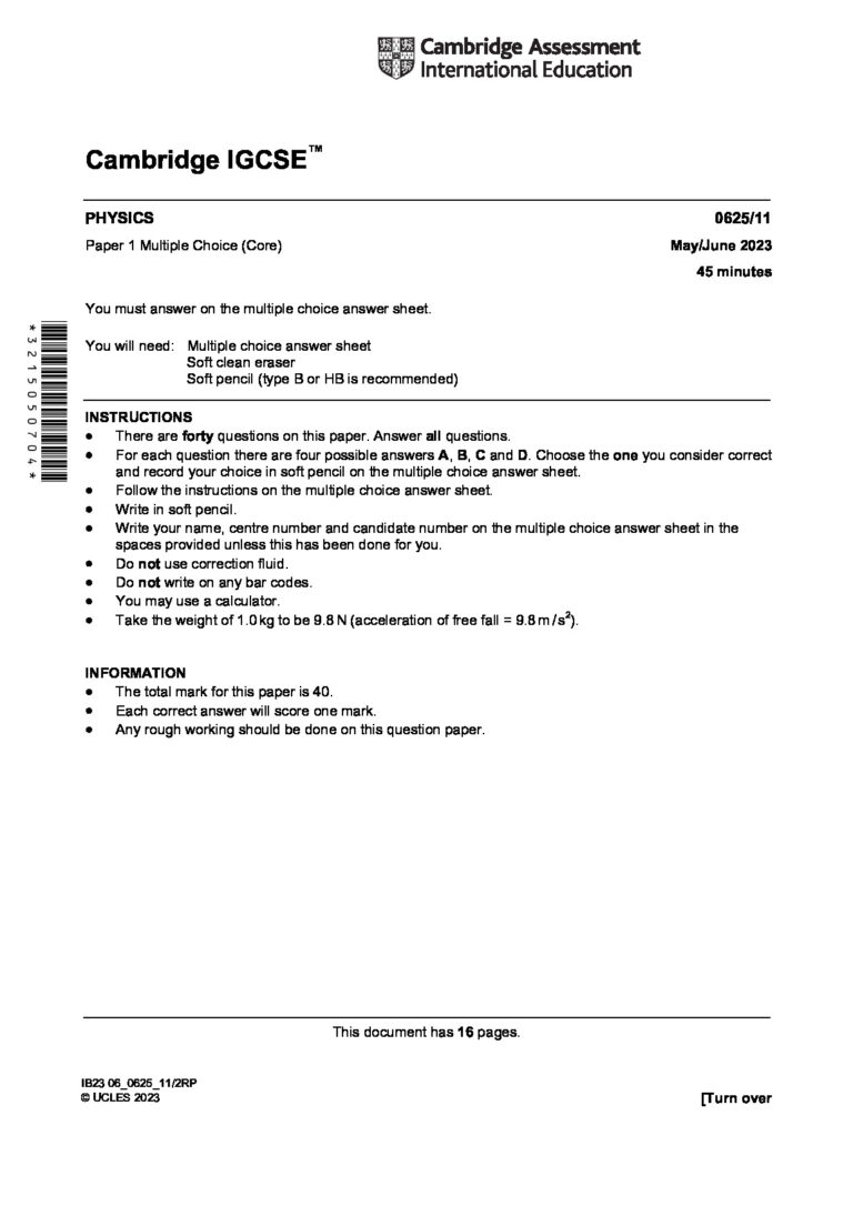 Cambridge IGCSE PHYSICS 0625/11 Paper 1 Multiple Choice (Core) May/June 2023