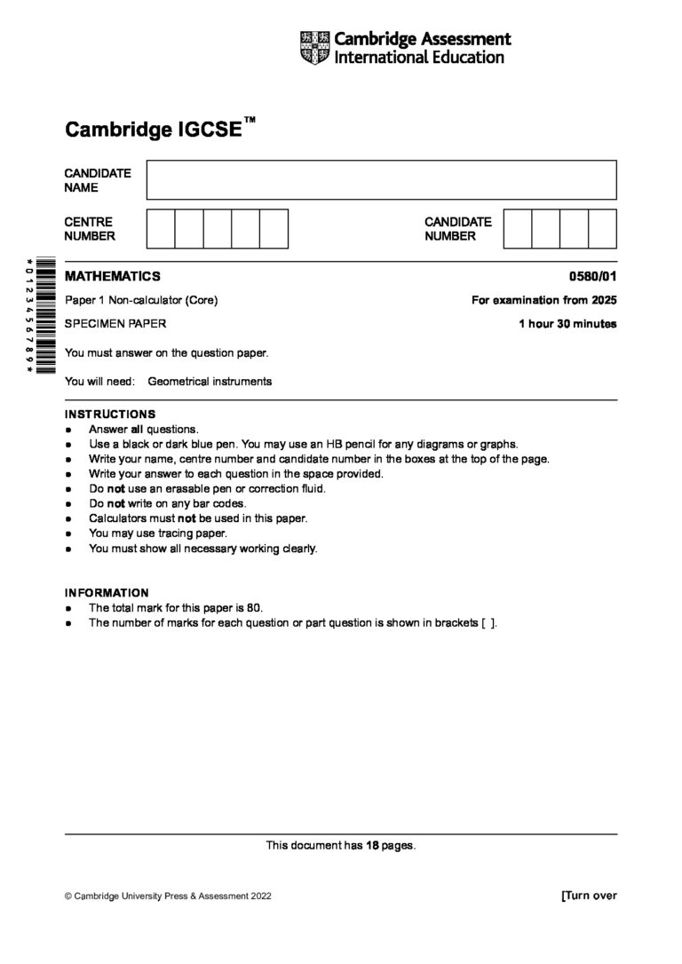 Cambridge IGCSE MATHEMATICS 0580/01 Paper 1 Non-calculator (Core) For examination from 2025 SPECIMEN PAPER