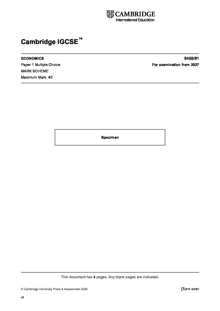 Cambridge IGCSE ECONOMICS SPECIMEN 0455/01 Paper 1 Multiple Choice For examination from 2027 MARK SCHEME