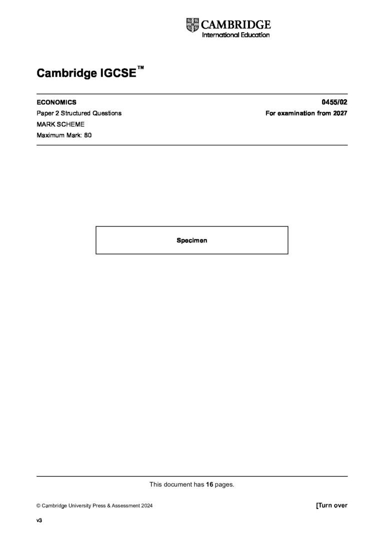 Cambridge IGCSE ECONOMICS SPECIMEN 0455/02 Paper 2 Structured Questions For examination from 2027 MARK SCHEME