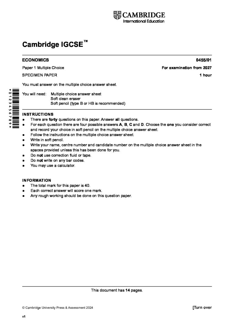 Cambridge IGCSE ECONOMICS 0455/01 Paper 1 Multiple Choice For examination from 2027 SPECIMEN PAPER