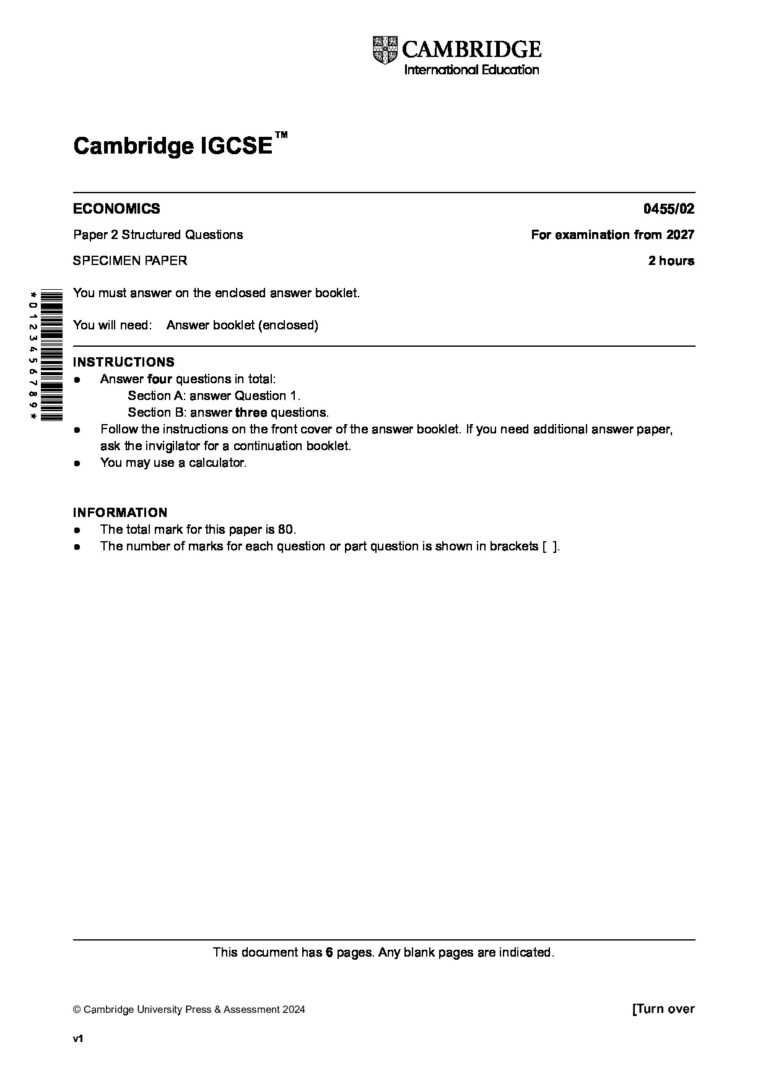 ECONOMICS 0455/02 Paper 2 Structured Questions For examination from 2027 SPECIMEN PAPER