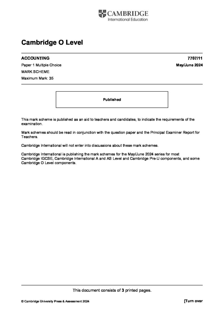 Cambridge O Level ACCOUNTING 7707/11 Paper 1 Multiple Choice May/June 2024 MARK SCHEME