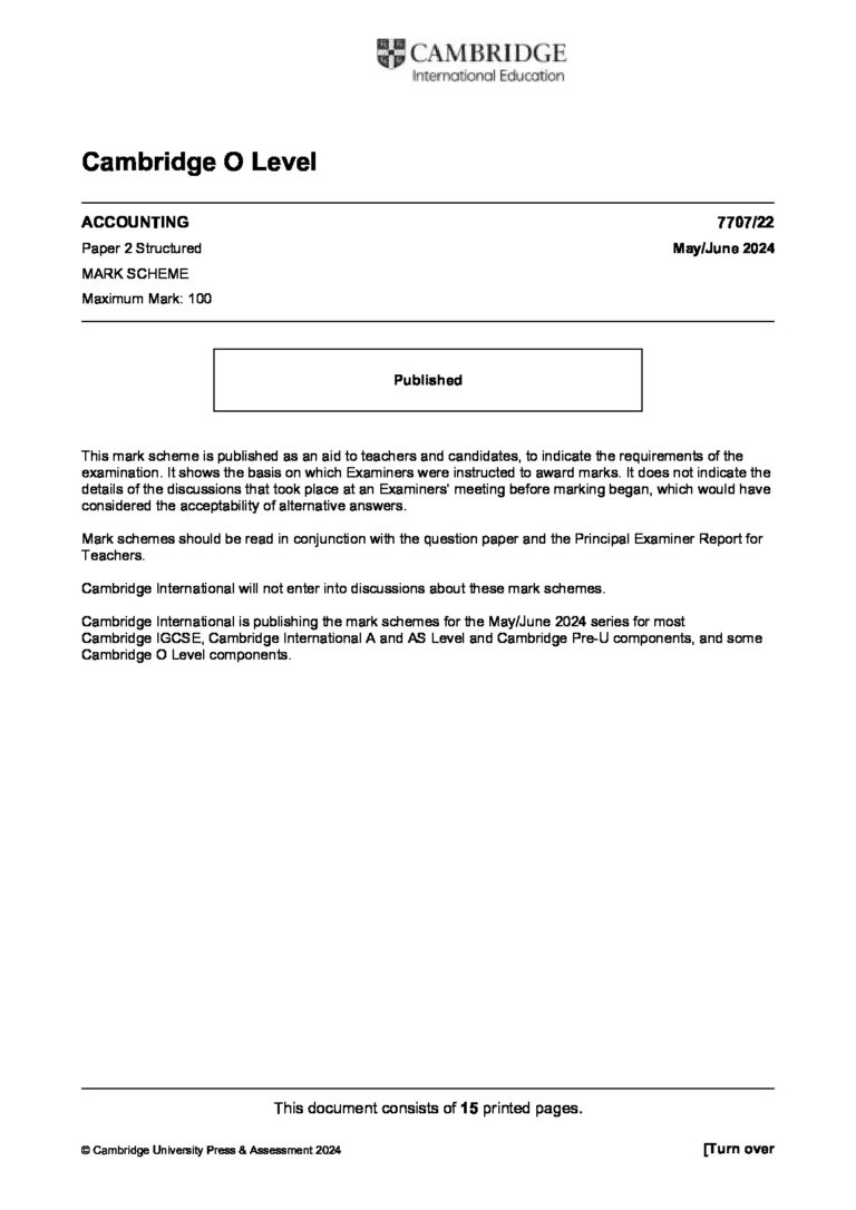 Cambridge O Level ACCOUNTING 7707/22 Paper 2 Structured May/June 2024 MARK SCHEME