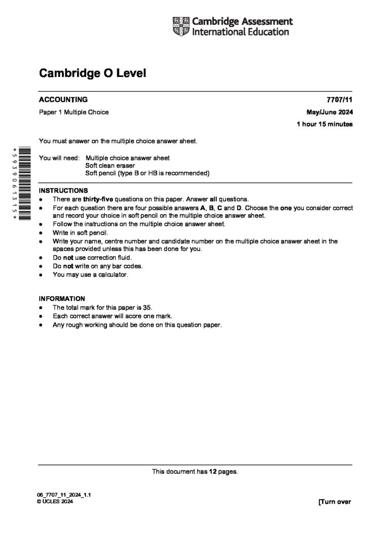 Cambridge O Level ACCOUNTING 7707/11 Paper 1 Multiple Choice May/June 2024 1