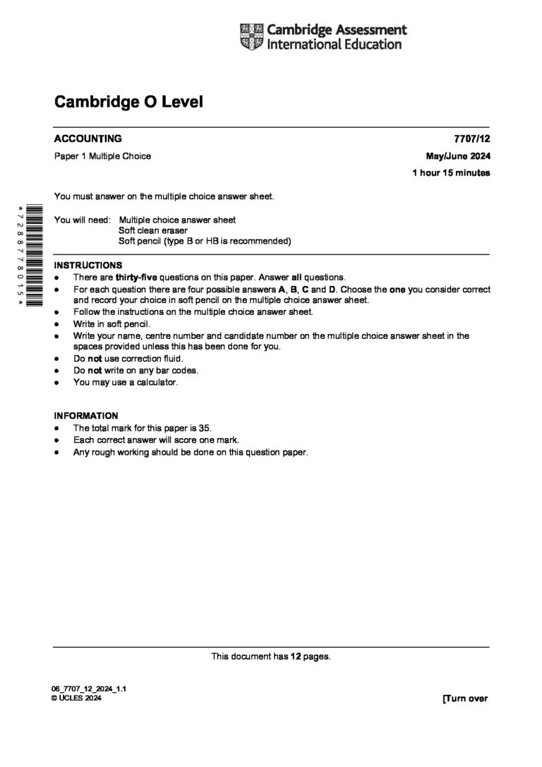 Cambridge O Level ACCOUNTING 7707/12 Paper 1 Multiple Choice May/June 2024