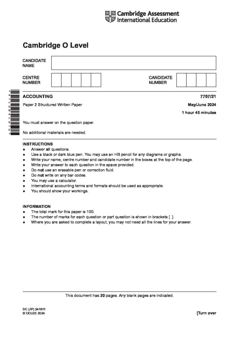 ACCOUNTING 7707/21 Paper 2 Structured Written Paper May/June 2024