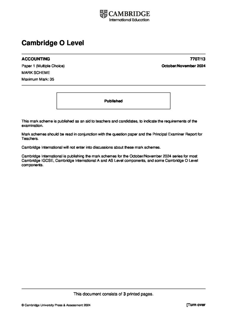 Cambridge O Level ACCOUNTING 7707/13 Paper 1 (Multiple Choice) October/November 2024 MARK SCHEME