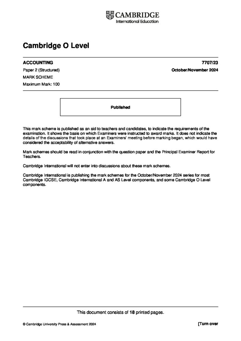 Cambridge O Level ACCOUNTING 7707/23 Paper 2 (Structured) October/November 2024 MARK SCHEME