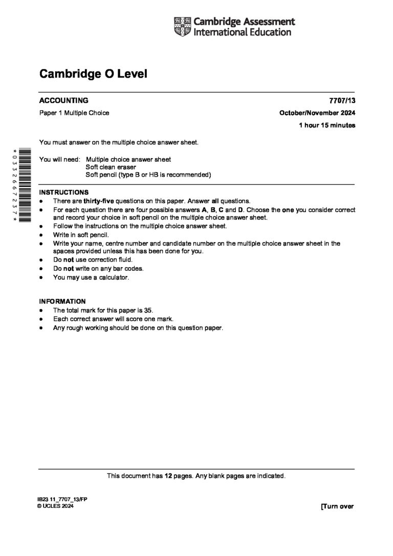 Cambridge O Level ACCOUNTING 7707/13 Paper 1 Multiple Choice October/November 2024