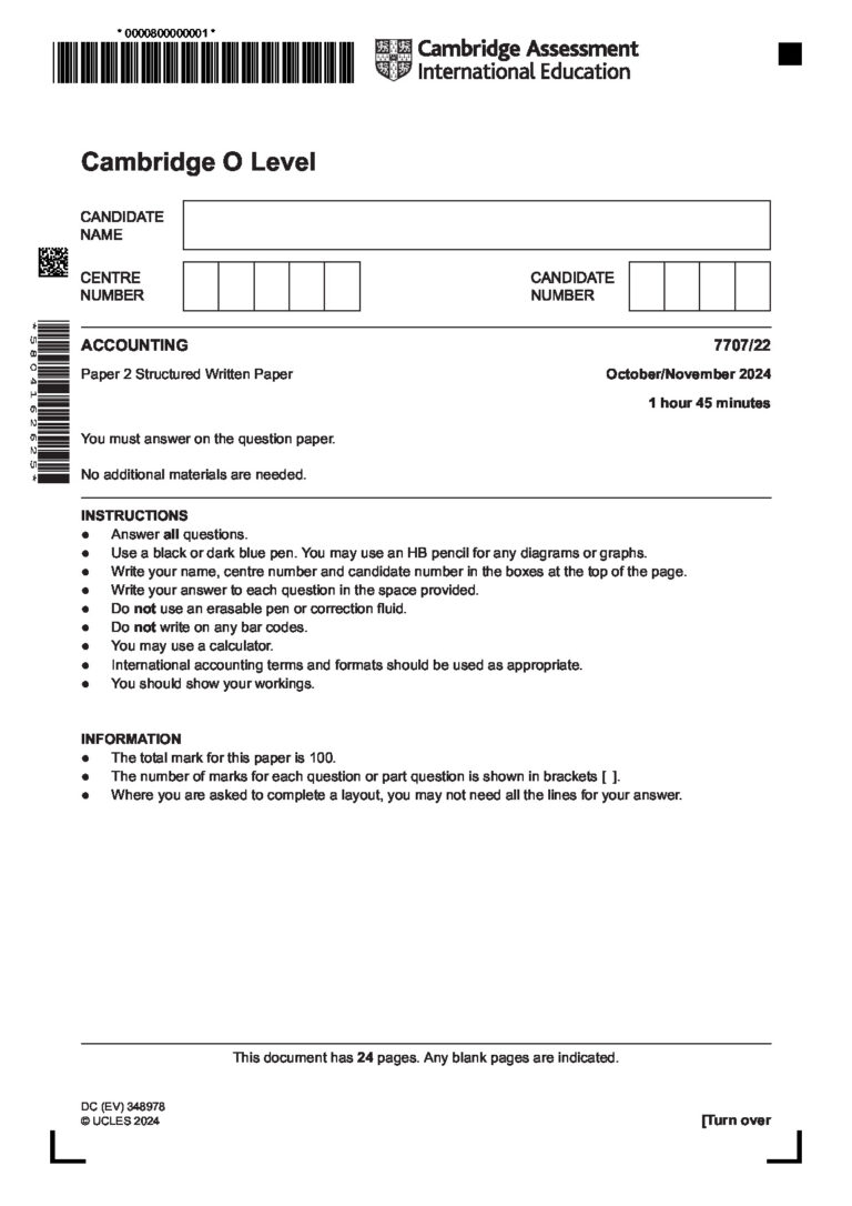 Cambridge O Level ACCOUNTING 7707/22 Paper 2 Structured Written Paper October/November 2024