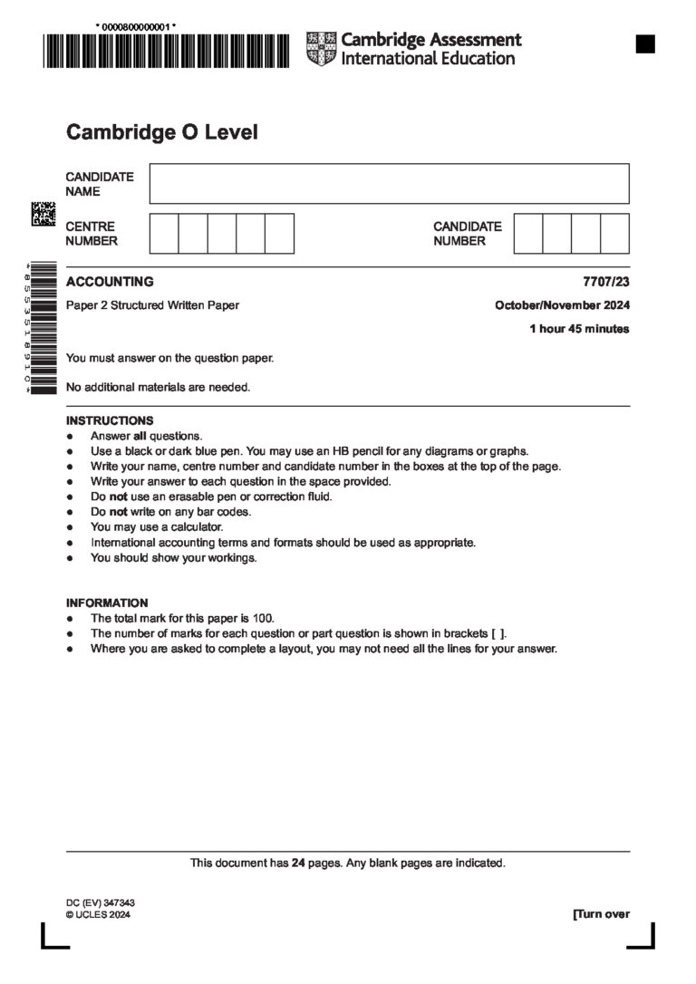 Cambridge O Level ACCOUNTING 7707/23 Paper 2 Structured Written Paper October/November 2024