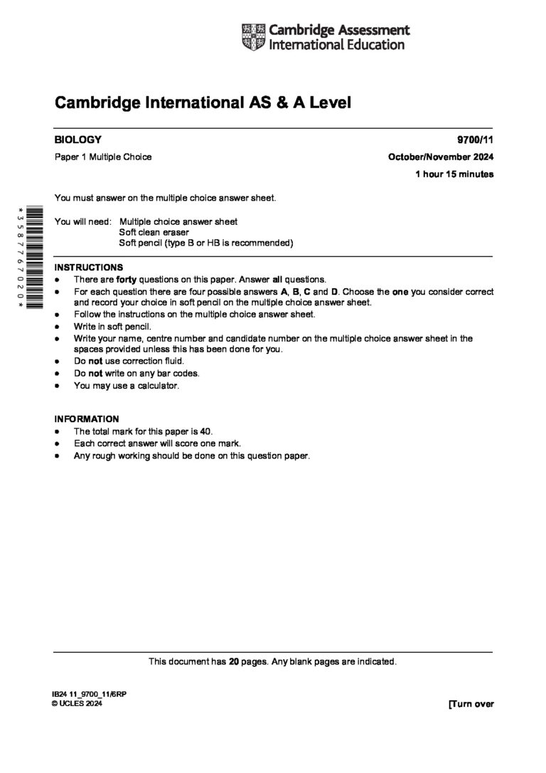 Cambridge International AS & A Level BIOLOGY 9700/11 Paper 1 Multiple Choice October/November 2024