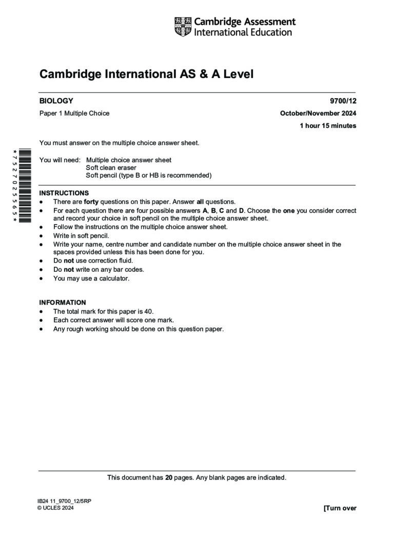 Cambridge International AS & A Level BIOLOGY 9700/12 Paper 1 Multiple Choice October/November 2024