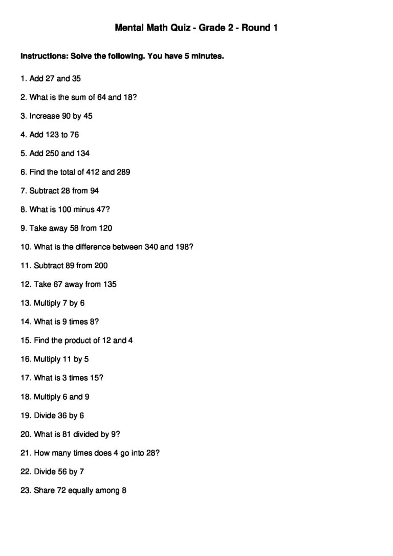 Mental Math Quiz – Grade 2