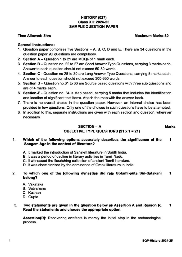 HISTORY (027) Class XII: 2024-25 SAMPLE QUESTION PAPER