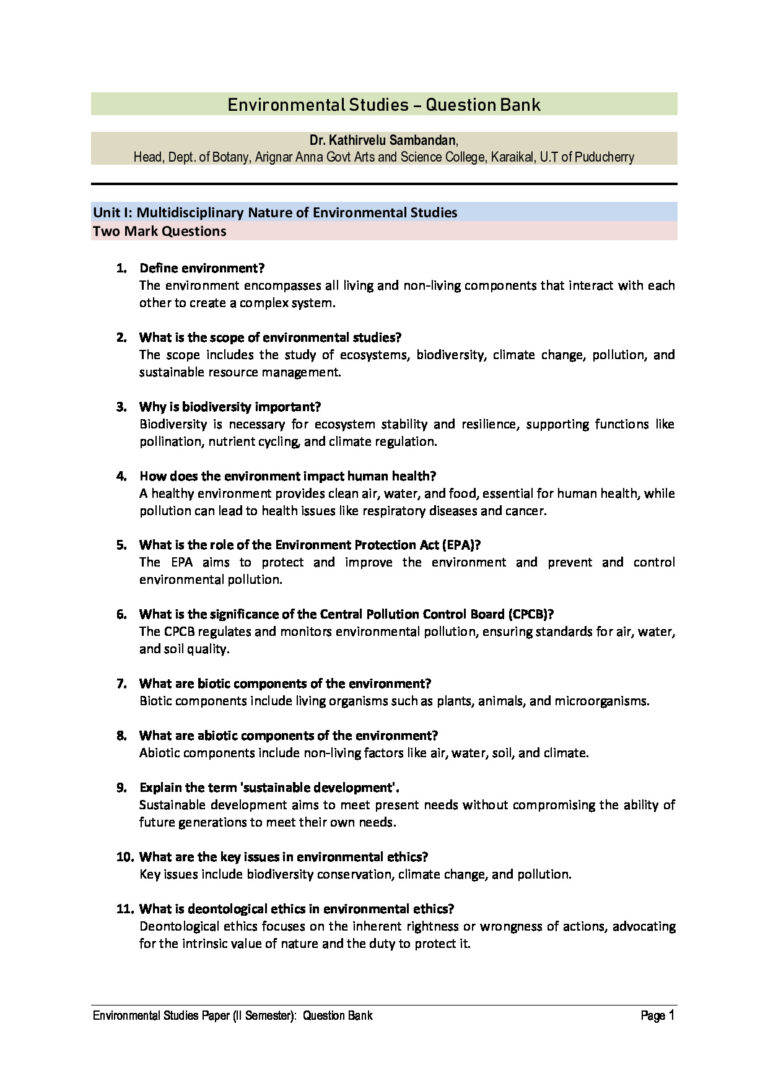 Environmental Studies Paper (II Semester): Question Bank Dr. Kathirvelu Sambandan