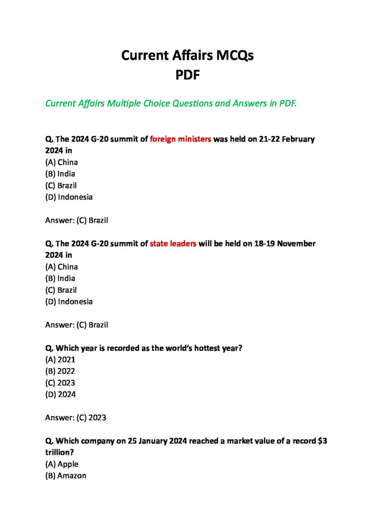 Current Affairs Multiple Choice Questions and Answers